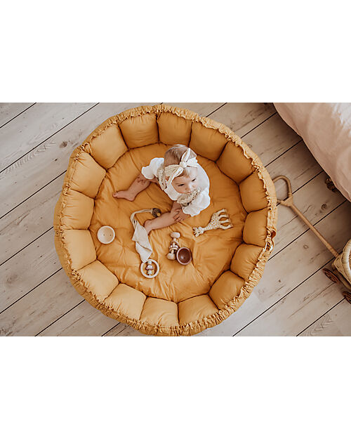 Play&Go Sacco Portagiochi Bloom - Tappeto Gioco Imbottito e Baby Nest 2 in 1 in 100% Cotone Bio - Chai Tea Mustard Tappeti Porta Gioco