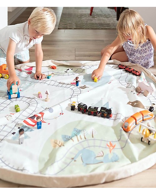 Play&Go Sacco Portagiochi e Tappeto 2 in 1 Double cotone - Treno e Orsetti Contenitori Porta Giochi