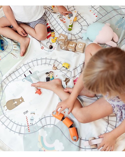 Play&Go Sacco Portagiochi e Tappeto 2 in 1 Double cotone - Treno e Orsetti Contenitori Porta Giochi