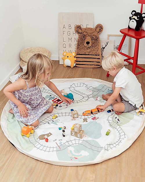 Play&Go Sacco Portagiochi e Tappeto 2 in 1 Double cotone - Treno e Orsetti Contenitori Porta Giochi
