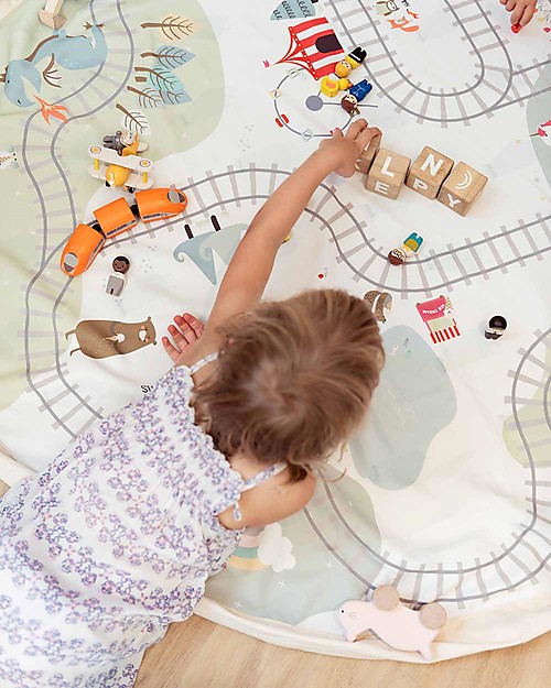 Play&Go Sacco Portagiochi e Tappeto 2 in 1 Double cotone - Treno e Orsetti Contenitori Porta Giochi
