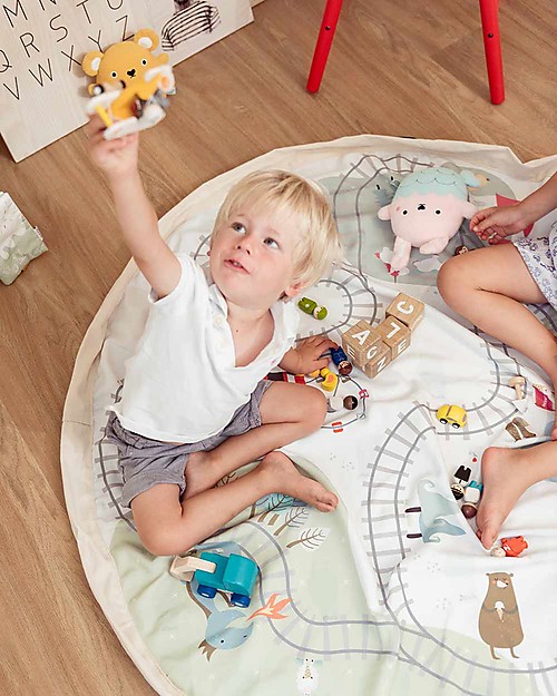Play&Go Sacco Portagiochi e Tappeto 2 in 1 Double cotone - Treno e Orsetti Contenitori Porta Giochi