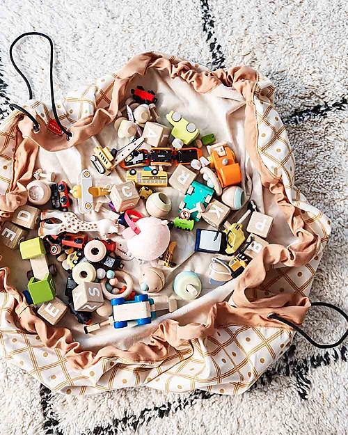 Play&Go Sacco Portagiochi e Tappeto 2 in 1 in cotone - Geometriche senape Tappeti Porta Gioco