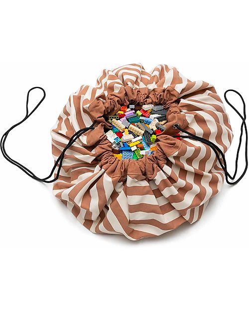 Play&Go Sacco Portagiochi e Tappeto Gioco 2 in 1 Original Cotone - Strisce Marroni Tappeti Porta Gioco