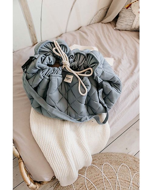 Play&Go Sacco Portagiochi e Tappeto Gioco Imbottito 2 in 1 Original Cotone Biologico - Blu Papavero Tappeti Gioco Imbottiti