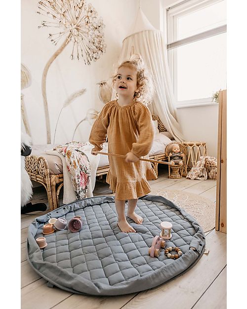 Play&Go Sacco Portagiochi e Tappeto Gioco Imbottito 2 in 1 Original Cotone Biologico - Blu Papavero Tappeti Gioco Imbottiti