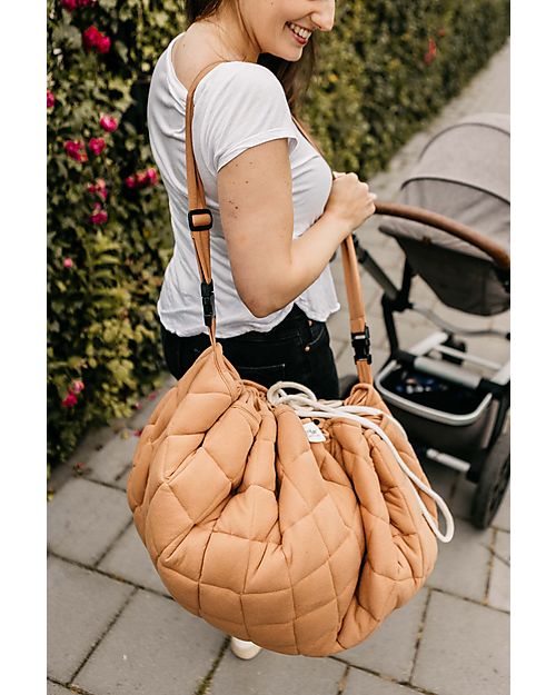 Play&Go Sacco Portagiochi e Tappeto Gioco Imbottito 2 in 1 Soft Cotone Biologico - Marrone Aranciato Tappeti Porta Gioco