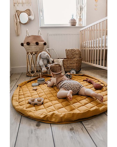 Play&Go Sacco Portagiochi e Tappeto Gioco Imbottito 2 in 1 Soft Cotone Biologico - Mostarda Tappeti Gioco Imbottiti