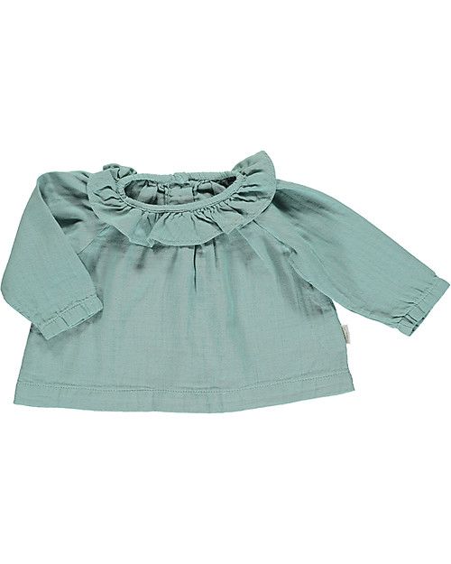 Poudre Organic Blusa con Collo Volant e Bottoni Posteriori (3-4 anni) - Blu Surf - 100% cotone bio Bluse