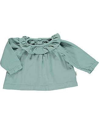 Poudre Organic Blusa con Collo Volant e Bottoni Posteriori (3-4 anni) - Blu Surf - 100% cotone bio Camicie