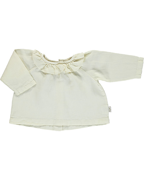 Poudre Organic Blusa con Collo Volant e Bottoni Posteriori - Latte - Lino e Cotone Bluse