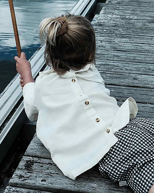 Poudre Organic Blusa con Collo Volant e Bottoni Posteriori - Latte - Lino e Cotone Bluse