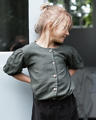 Poudre Organic Blusa Poire con Maniche a Sbuffo - Verde Foresta - 100% Cotone bio Camicie_