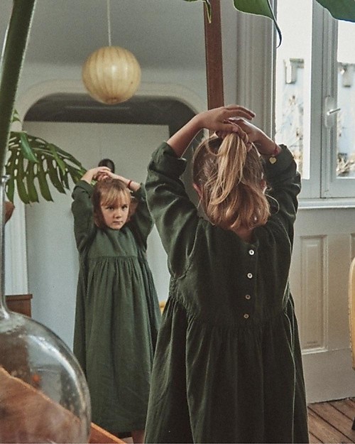 Poudre Organic Vestito a Maniche Lunghe Robe Liseron - Verde Foresta - 100% Doppia Garza di Cotone Bio Vestiti_
