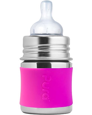 Pura Kiki Biberon in Acciaio 150ml - Tettarella Flusso Lento (0-6+ mesi) - Rivestimento Rosa in Silicone! Biberon In Acciao