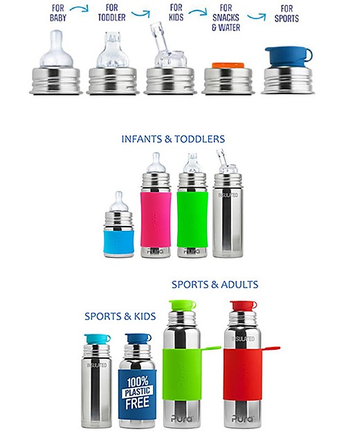 Pura Kiki Biberon Termico in Acciaio 266ml - Beccuccio Sippy 6+ Mesi - Acciaio Borracce Termiche