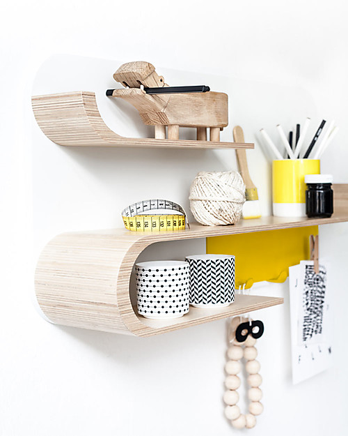 Rafa Kids Scaffale M per Bambini, Legno naturale e Metallo Giallo - Betulla finlandese Mensole