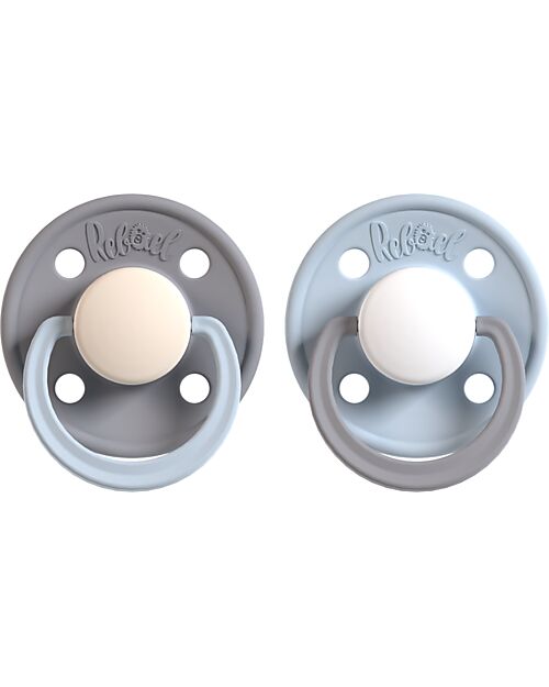 Rebael Set 2 Ciucci Bicolore - Tettarella Ciliegia - in Gomma Naturale - Grigio e Celeste - Fatto in Danimarca - Senza PBA, PVC e Flatati Ciucci