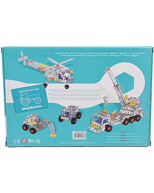 Rex London Set da Costruzione 4in1 - Camion con Gru + Elicottero + Furgone + Escavatore Giochi STEM