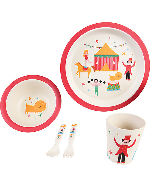 Rex London Set di Stoviglie, Circo: Tazza, Piatto, Ciotola e Posate - Fibra di Bambù Set Pappa