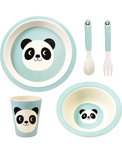 Rex London Set di Stoviglie, Miko il Panda: Tazza, Piatto, Ciotola e Posate - Fibra di Bambù Piatti e Scodelle