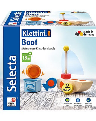 Selecta Gioco in Legno da Impilare Barca Klettini, Con inserti in velcro per facilitare l'assemblaggio! Macchine e Trenini in Legno