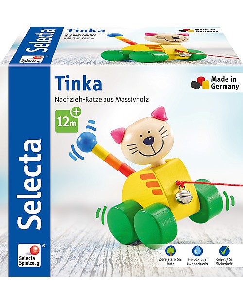 Selecta Tinka, Gattino in Legno da Trascinare, con Campanellino! Trainabili