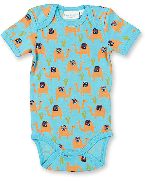 Sense Organics Body Manica Corta Yvon Retro - Celeste Cammello - 100% Cotone Bio GOTS Body Manica Corta