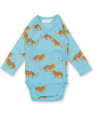 Sense Organics Body Manica Lunga Ygon Retro - Azzurro - Leopardo - 100% Cotone Bio GOTS Body Manica Lunga