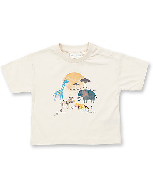 Sense Organics Maglietta Baby Maniche Corte Anton - Eggshell + Safari Animals - 100% Cotone Bio GOTS T-shirt