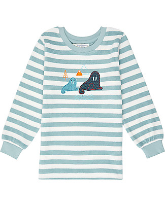Sense Organics Pigiama Long John Retro - Righe Azzurre + Tricheco - 100% Cotone Bio Pigiami
