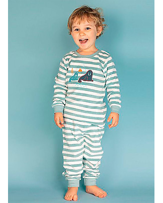 Sense Organics Pigiama Long John Retro - Righe Azzurre + Tricheco - 100% Cotone Bio Pigiami