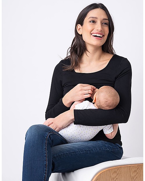 Seraphine Laina Maglia Premaman e Allattamento in Bambù - Nero Maglie Manica Lunga