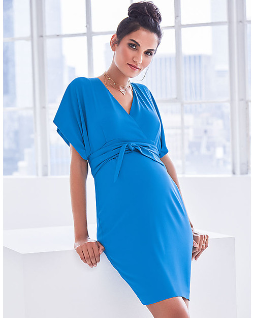 Seraphine Sylvana, Abito Elegante Premaman con Nodo e Maniche Corte - Celeste Vestiti_