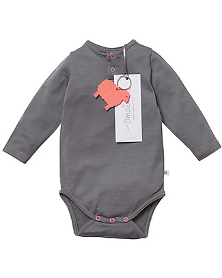 Smalls Aroha, Body a Maniche Lunghe Bimba in 100% Lana Merino, Grigio Body Manica Lunga