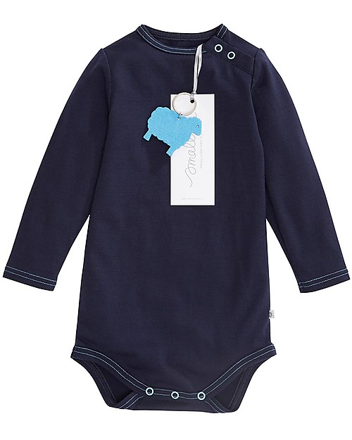 Smalls Aroha, Body a Maniche Lunghe in 100% Lana Merino, Blu Body Manica Lunga
