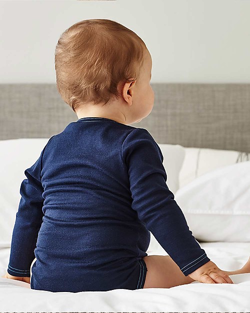 Smalls Aroha, Body a Maniche Lunghe in 100% Lana Merino, Blu Body Manica Lunga