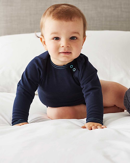 Smalls Aroha, Body a Maniche Lunghe in 100% Lana Merino, Blu Body Manica Lunga