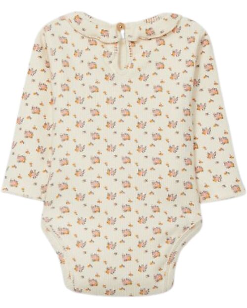Snug Body con Colletto Arricciato e Stampa Floreale - Naturale - 97% Cotone Body Manica Lunga