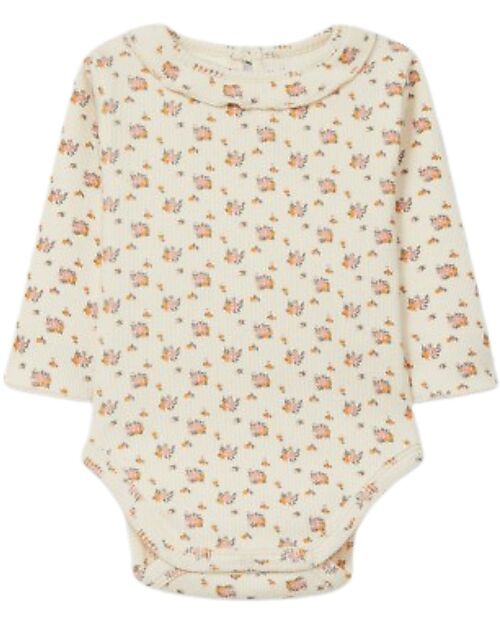 Snug Body con Colletto Arricciato e Stampa Floreale - Naturale - 97% Cotone Body Manica Lunga