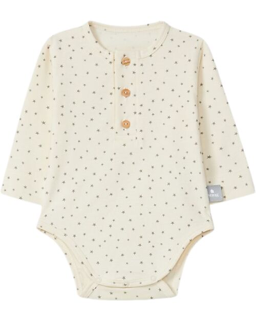 Snug Body Senza Colletto con Stelle Argento - Crema - 100% Cotone Organico Body Manica Lunga