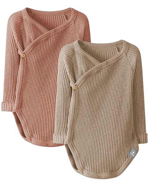 Snug Set 2 Body Manica Lunga con Incrocio - Terracotta Beige Scuro - Cotone Biologico Body Manica Lunga