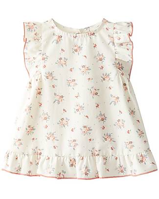 Snug Vestito a Maniche Corte Volant - Bianco - Rifiniture Pesca e Fantasie Floreali - Cotone Organico Vestiti_