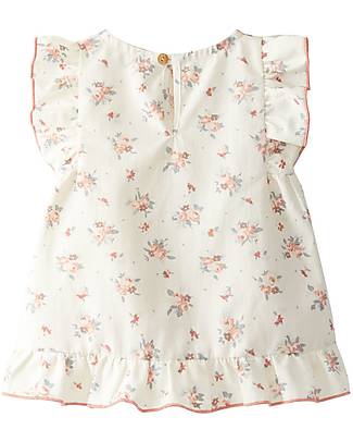 Snug Vestito a Maniche Corte Volant - Bianco - Rifiniture Pesca e Fantasie Floreali - Cotone Organico Vestiti_