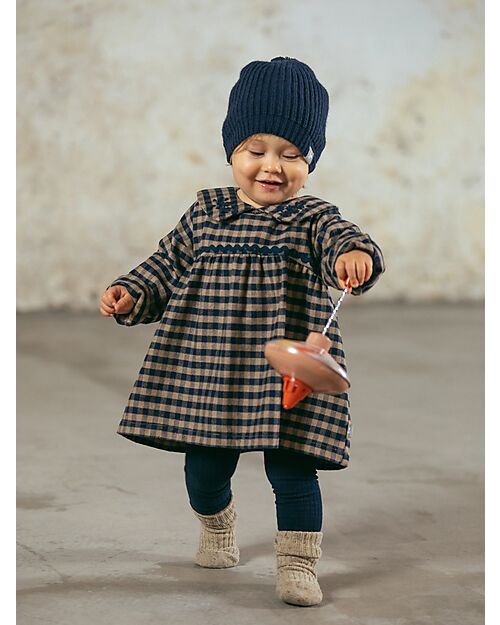 Snug Vestito in Twill a Quadri con Colletto Ricamato - Indigo e Marrone - 100% Cotone Vestiti_