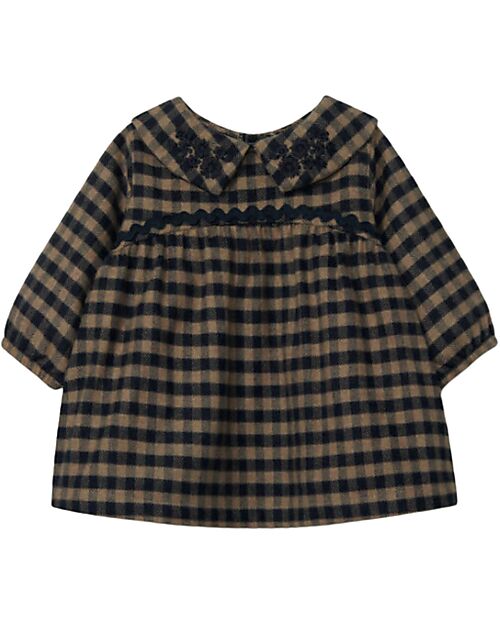 Snug Vestito in Twill a Quadri con Colletto Ricamato - Indigo e Marrone - 100% Cotone Vestiti_