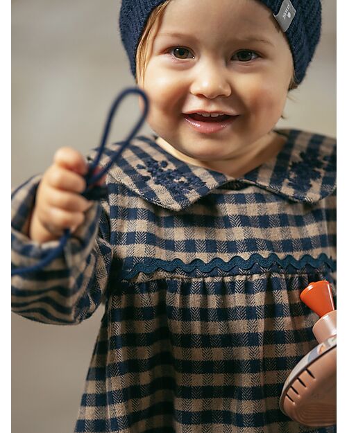 Snug Vestito in Twill a Quadri con Colletto Ricamato - Indigo e Marrone - 100% Cotone Vestiti_