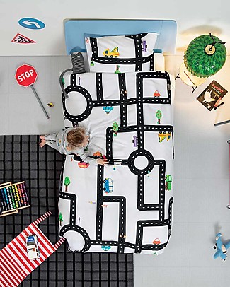 Snurk Set Copripiumino e Federa, Traffico nelle strade - Letto Singolo 140 x 200/220 cm - 100% Cotone Copripiumino e Federe