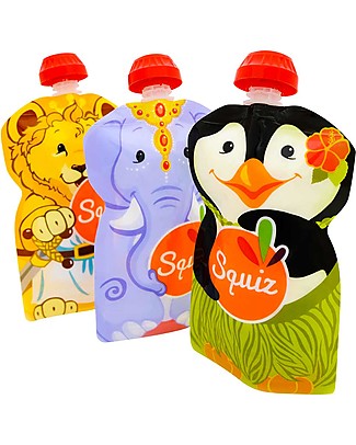 Squiz Eco-Dispenser Pappa Reutilizzabile - Elefante, Leone e Pinguino - Pacco da 3 - 130 ml Sacchetto Cibo