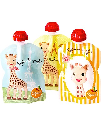 Squiz Porta Pappa Spremi e Vai, Riutilizzabile - Sophie la Girafe - Pacco da 3 - 90 ml Sacchetto Cibo